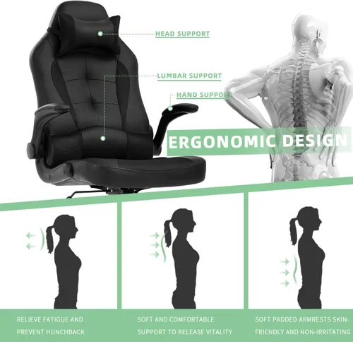 Miniatura 4 de Silla ergonómica para juegos con reposacabezas ajustable y soporte lumbar, cómoda silla de oficina de piel sintética con respaldo alto para adultos