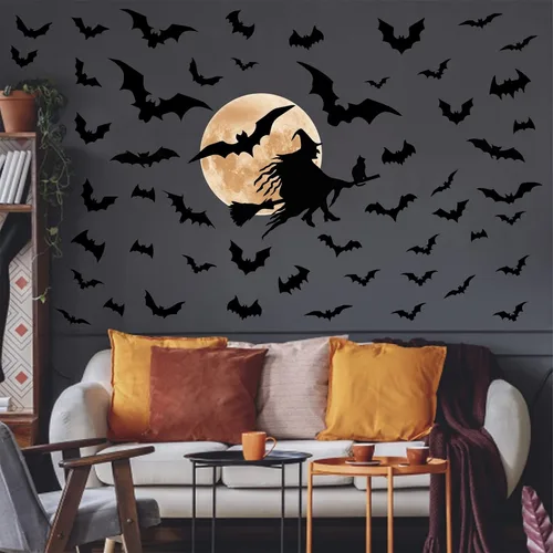 Miniatura 11 de Halloween Moon Wall Sticker Black Bat Wall Stickers Vinyl Crow Bird Tree Branch Wall Decals Removable Halloween Moon Bat Wall Decals Bats Window