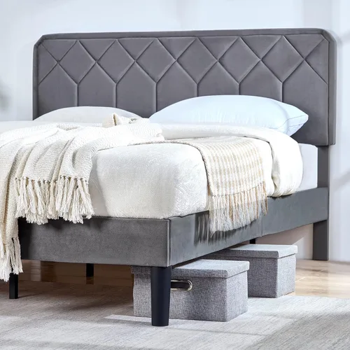 Miniatura 4 de VECELO Base de cama tamaño Queen con plataforma tapizada de cuero de alta calidad con cabecera ajustable en altura / base de colchón, soporte