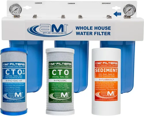 Miniatura 7 de Applied Membranes Inc. Sistema de filtro de agua de 3 etapas para toda la casa con filtros de sedimentos y bloques de carbono de 20 pulgadas