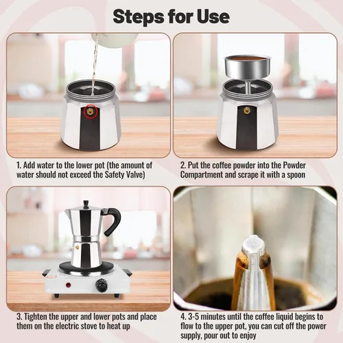 Miniatura 8 de Cafetera clásica de aluminio para 3 tazas, cafetera espresso de 5.1 fl oz, 5 onzas, cafetera de moca, olla greca, cafetera para café italiano y Azul