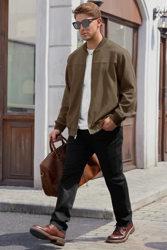 Miniatura 7 de Chaqueta bomber para hombre, de gamuza sintética, peso medio, casual, con cremallera completa, abrigo de vuelo (S-XXL)