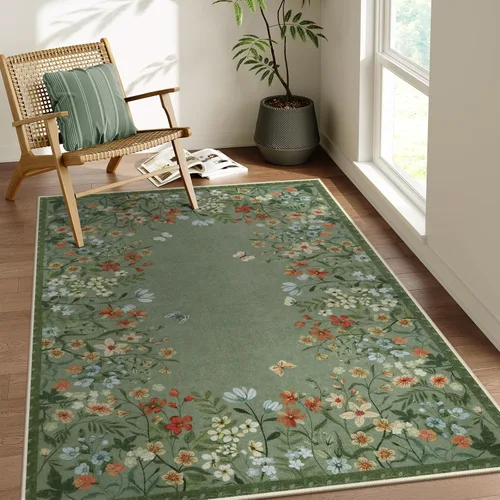 Miniatura 27 de Wonnitar Alfombra de área lavable de 2 x 3, alfombra de entrada floral verde, alfombra bohemia pequeña antideslizante para baño, alfombra suave
