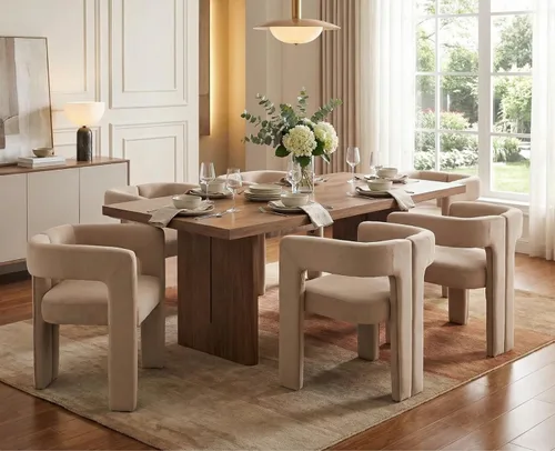 Miniatura 15 de CIMOTA Juego de 2 sillas de comedor modernas de barril, sillas acentuadas tapizadas en tela de lino con brazos/patas de madera/espalda abierta