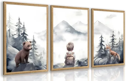 Miniatura 19 de Cyebmo Juego de 3 pinturas enmarcadas de animales del bosque, decoración de pared de animales salvajes del bosque, decoración de pared, pintura