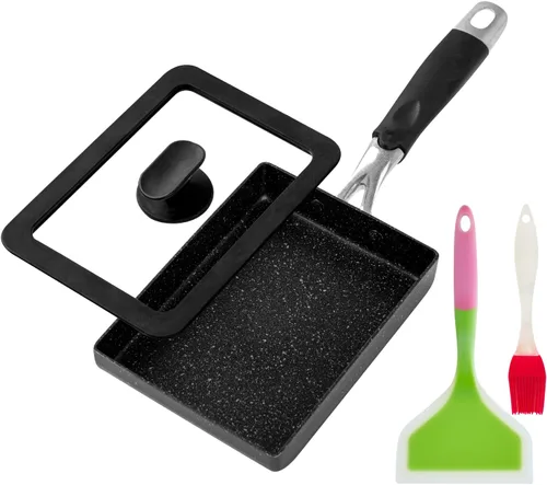 Miniatura 3 de Sartén Tamagoyaki prémium de 7 x 5 pulgadas, sartén para tortilla japonesa antiadherente, sartén japonesa para huevos con tapa y cepillo de aceite