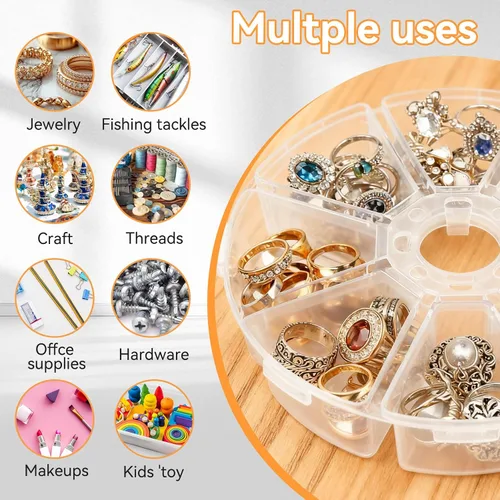Miniatura 4 de Organizador de cajas divisoras de joyería de 8 rejillas, contenedor redondo de plástico transparente para almacenamiento de joyas, arte de uñas