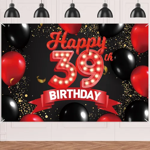 Miniatura 52 de Cartel de feliz cumpleaños 15 color rojo y negro, decoración temática de globos para niñas y mujeres, princesas de 15 años, fiesta de cumpleaños