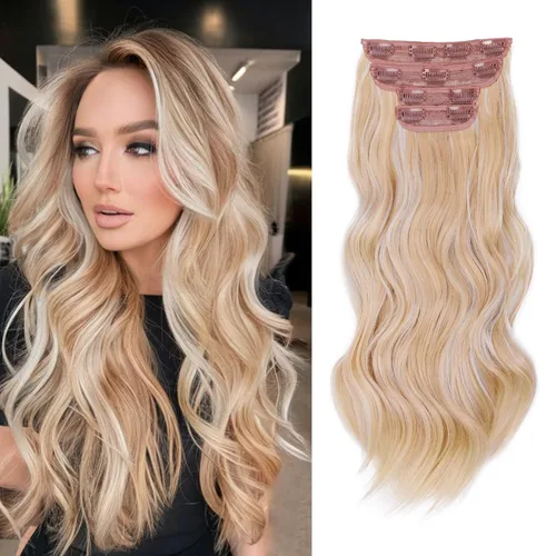 Extensiones de cabello con clip de Vigorous de 20 pulgadas, con reflejos rubio playa, extensiones de cabello ondulado largo y suave de cabello