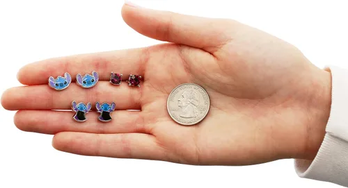 Miniatura 5 de Disney Lilo and Stitch - Juego de aretes de moda, 3 pares, aretes de tuerca, Metal, Circonia cúbica