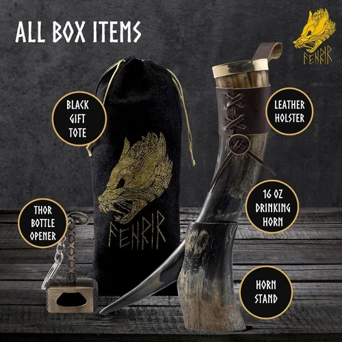 Miniatura 2 de FENRIR - Cuerno vikingo con soporte de 16 onzas, regalos para hombres, papá, esposo, taza de cuerno de buey natural con abridor de botellas Thor
