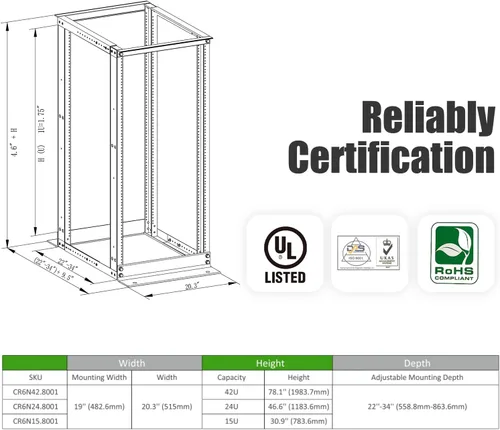 Miniatura 2 de Elevación ELECTRONIS 24U 4 Post Open Rack Frame Rack Rack Enclosure 19 pulgadas Profundidad Ajustable Aluminio UL Certificado