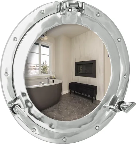Miniatura 10 de Espejo de ojo de buey – Acabado blanco níquel plateado de 10 pulgadas Decoración náutica de pared para baño y dormitorio Decoración antigua