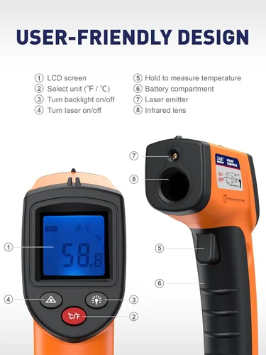 Miniatura 3 de SMART JERRY - Pistola de termómetro infrarrojo Pistola de temperatura digital sin contacto con rango de -58 °F a 788 °F para cocinar, HVAC Uso