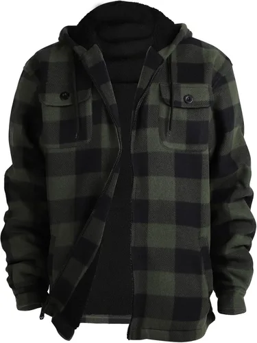 Chaqueta de franela a cuadros para hombre, de felpa con capucha, de sherpa con zíper, pesada y gruesa, cálida para invierno.