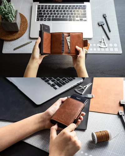 Miniatura 4 de VULKIT Tarjetero de cuero con bloqueo RFID, billetera desplegable automática con bloqueo RFID, cartera magnética para tarjetas doble para hombres