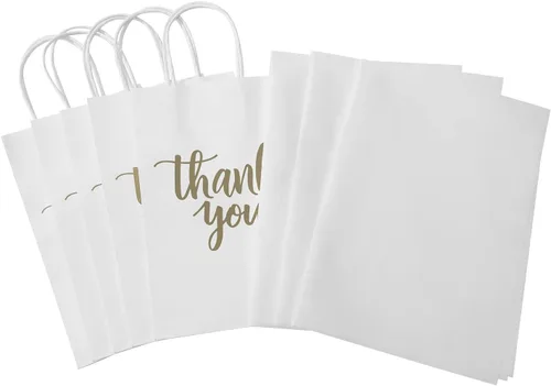 Miniatura 8 de DjinnGlory Paquete de 50 bolsas pequeñas de regalo de agradecimiento con asas, bolsas de papel blanco de 9 x 5.5 x 3.15 pulgadas con papel de seda