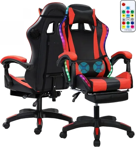 Silla de juegos con altavoces Bluetooth y luces LED, silla ergonómica de piel sintética con reposapiés retráctil, silla giratoria de 360° con Rojo