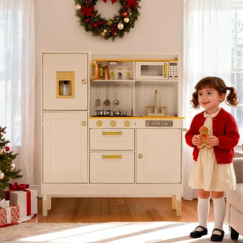 Miniatura 2 de Kinder King Cocina de madera para niños, juego de cocina para niños pequeños, juego de juguetes de cocina con sonidos reales, horno microondas