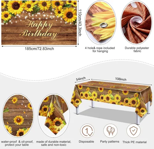 Miniatura 3 de Tiamon Juego de 53 guirnaldas de arco de globos dorados y amarillos, 1 pancarta de fondo de feliz cumpleaños, 2 manteles de plástico de girasol