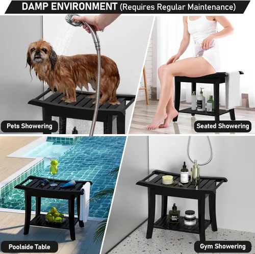 Miniatura 5 de Taburete Banco de Ducha de Bambú Impermeable con Estante de Almacenamiento para Afeitarse las Piernas o Asiento de Baño de Spa en el Baño y Dentro