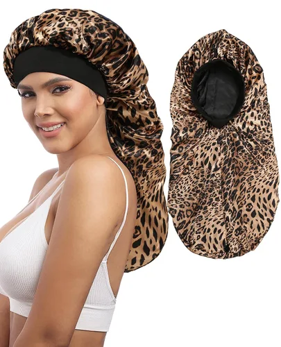 Miniatura 10 de AWAYTR Gorro largo de satén para mujer, gorro de seda de 2 capas para trenzas, gorro de dormir elástico con gorro de noche de banda ancha (negro)