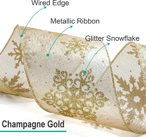 Miniatura 3 de Tela metálica dorada champagne con cinta de copo de nieve dorado con alambre de 2.5 pulgadas x 10 yardas para decoración del hogar de Navidad, lazo