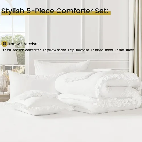 Miniatura 7 de QUIETSEA Juego de Cama Individual en una Bolsa de 5 Piezas, Juego de Edredón Twin con Volantes Estilo Shabby Chic, Juego de Ropa de Cama Blanco