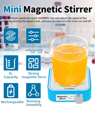 Miniatura 2 de Xin Tester Mini agitador magnético de 3000 RPM, mezclador magnético de laboratorio recargable máximo de 3 litros con 4 barras de agitación para Azul