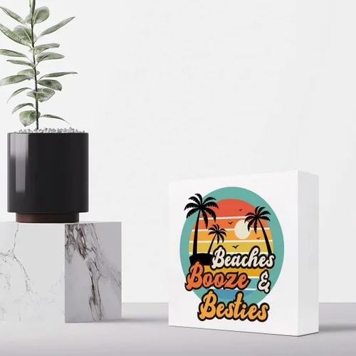 Miniatura 5 de Decoración de escritorio de verano, Beaches Bozze and Besties Retro Sunset de madera de doble cara para decoración de escritorio, caja de madera