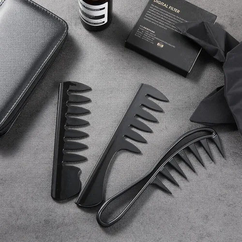 Miniatura 5 de Juego de 3 peines negros para peinar el cabello, desenredar dientes anchos, champú y peines para hombres y mujeres, adecuado para la mayoría