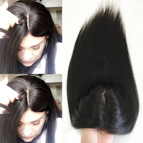 Miniatura 9 de Parte superior de cabello humano con base de seda larga con clip de 5 x 5 pulgadas, extensiones de cabello lacio virgen 100% real, 4.7 x 5.1 in