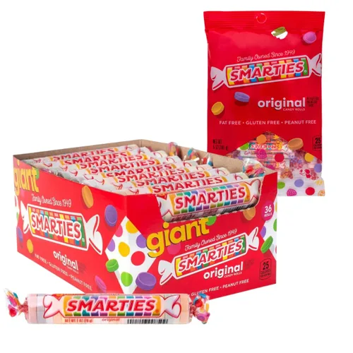 Smarties Paquete variado de caramelos – Caja gigante de rollos (34 onzas, 36 rollos) + bolsa de clavijas de 5 onzas – Sin gluten y veganos, sin maní