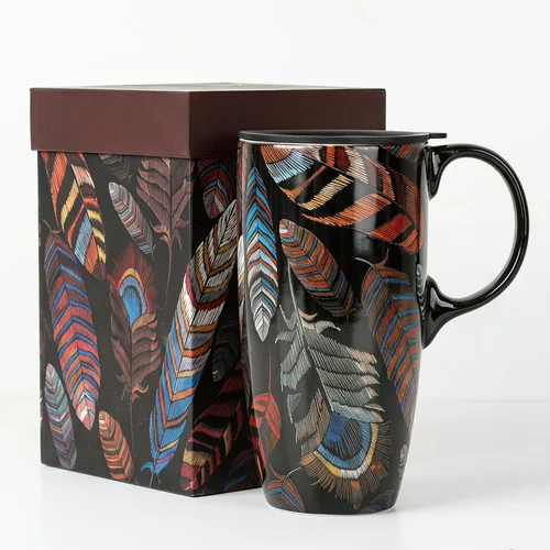 Topadorn Taza de cerámica de 17 onzas con tapa y asa, taza de café de plumas coloridas con caja de regalo, taza de té grande para mujeres, oficina