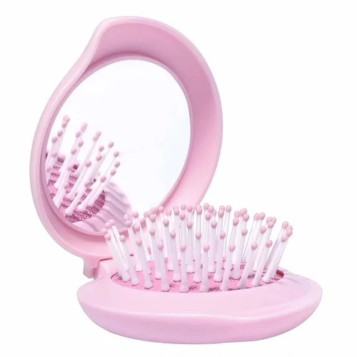 Cepillo de pelo de viaje con espejo para bolso/mochila, mini cepillo plegable para el pelo y set de espejo de maquillaje portátil en rosa kawaii,