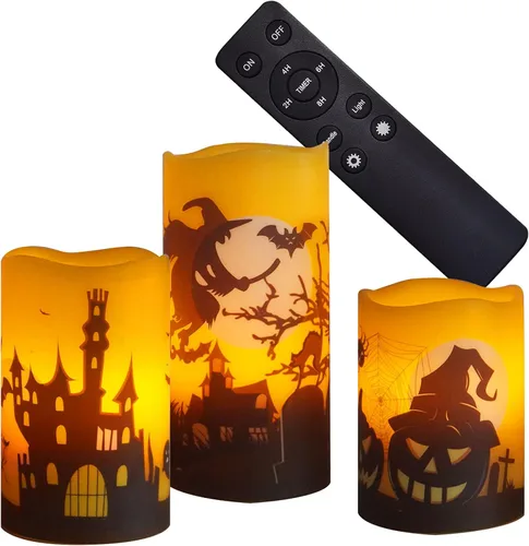 Miniatura 9 de CANDLE CHOICE Velas de Navidad sin llama con temporizador remoto, cera real, parpadeante, pilares LED con grabado deprimido, reno, Papá Noel, Blanco