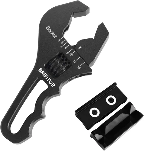 Llave de accesorios AN 3AN-16AN Llave AN ajustable de aluminio ligero, tamaño compacto, negro (con almohadillas de mordaza de nylon de 4")