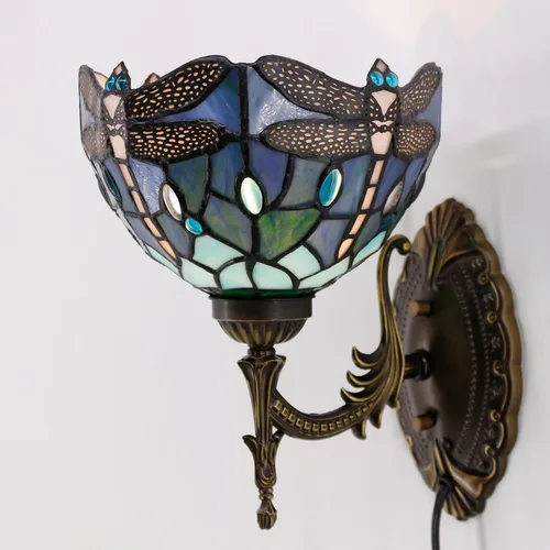 Miniatura 5 de Tiffany - Lámpara de pared enchufable o de cable duro con pantalla de cristal de libélula azul de 8 pulgadas, 8 x 10.5 x 11 pulgadas, acabado base