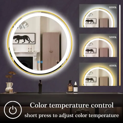 Miniatura 5 de Espejo de tocador redondo dorado con luces, luz frontal regulable de 3 colores, marco dorado de 16 pulgadas, espejo redondo iluminado para baño