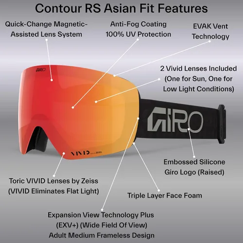 Miniatura 3 de Giro Contour RS Asian Fit - Gafas de esquí de nieve – Cambio rápido magnético con 2 lentes VIVID – Tecnología de ventilación antivaho – OTG