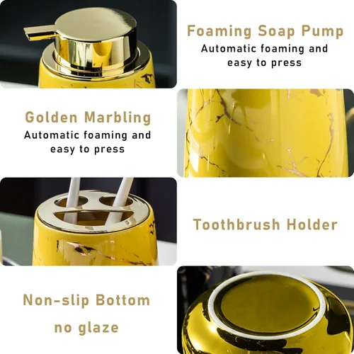 Miniatura 2 de YYW Juego de accesorios de baño de cerámica, dispensador de jabón de mármol, dispensador de loción de mano, soporte para cepillos de dientes, vasos