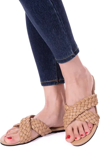 Miniatura 6 de Sandalias planas para mujer con tiras cruzadas de cuero trenzado color piel sandalias de moda para fiestas noche y bodas