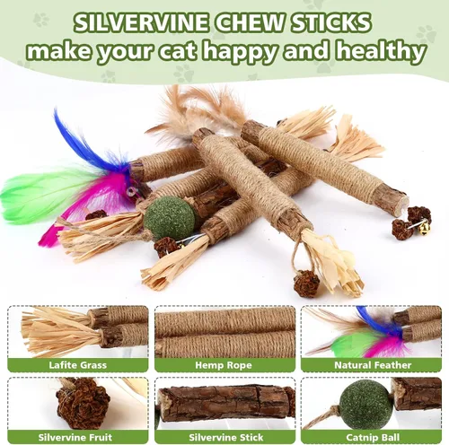 Miniatura 3 de WOUSEDO Juguetes masticables de zacate gatera para gatos, paquete de 24 juguetes para gatos con palos de Silvervine, bolas de jaula de Silvervine