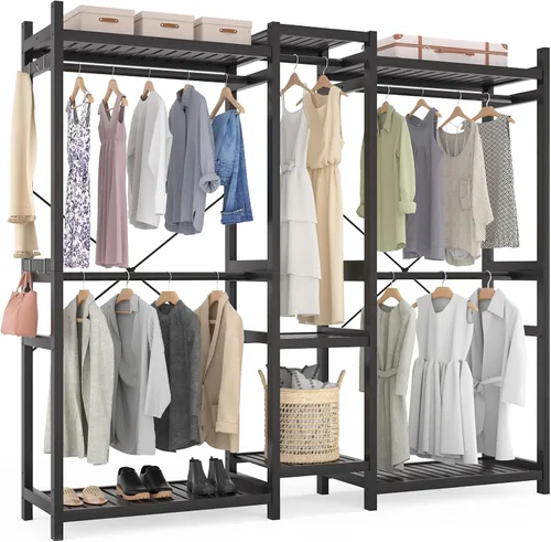 Miniatura 19 de Homykic Perchero de bambú para colgar ropa, perchero resistente con estantes ajustables de 7 niveles, varillas dobles, 4 ganchos, sistema de armario