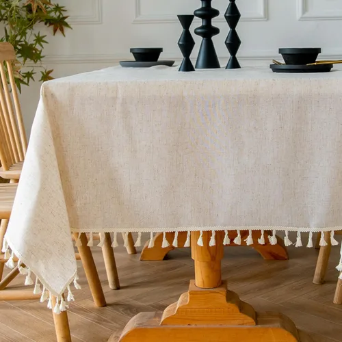 Miniatura 10 de Colorigan Mantel rectangular de lino de algodón con diseño boho, mantel de mesa de granja, mantel oblongo, sin arrugas, para interiores y Lino Crema