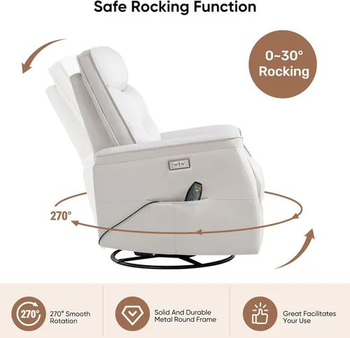 Miniatura 8 de Silla reclinable para adultos, mecedora eléctrica de piel sintética para masaje y calor, silla reclinable giratoria de gran tamaño con puertos USB