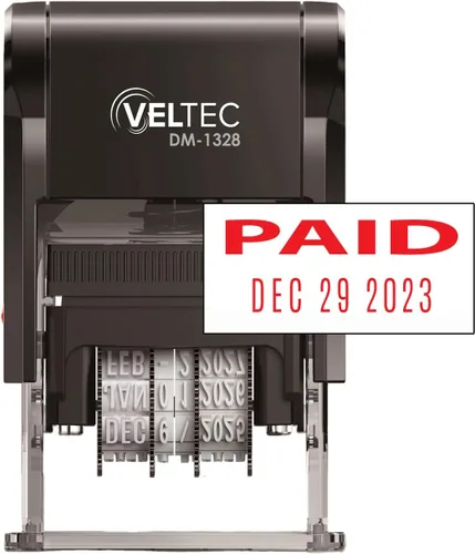Veltec Sello de fecha de goma autoentintado con frase y fecha (rojo, pagado)