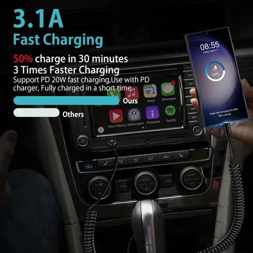 Miniatura 2 de Cable USB C a USB, Android Auto de 3 pies + 5 pies en espiral para automóvil, cable retráctil de carga rápida tipo C para Samsung Galaxy S26 Ultra
