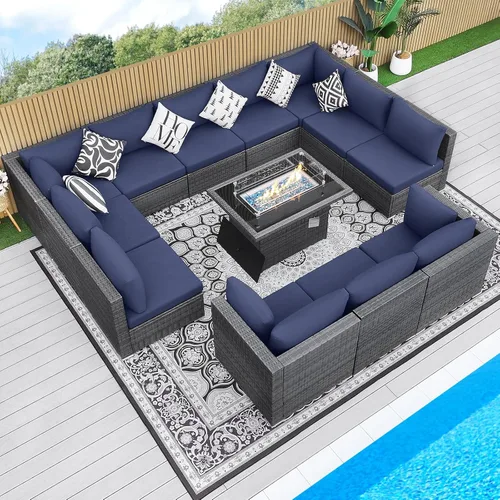 Miniatura 41 de BULEXYARD Juego de 7 piezas de sofá seccional para exteriores con respaldo alto, mesa para fogatas, juego de muebles de patio de mimbre resistente a