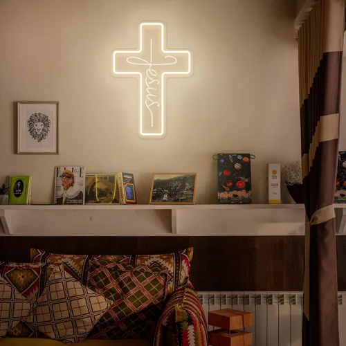 Miniatura 2 de Letreros de neón con cruz de Jesús, decoración de pared LED para dormitorio, sala de estar, bodas, letrero de luz regulable para decoración